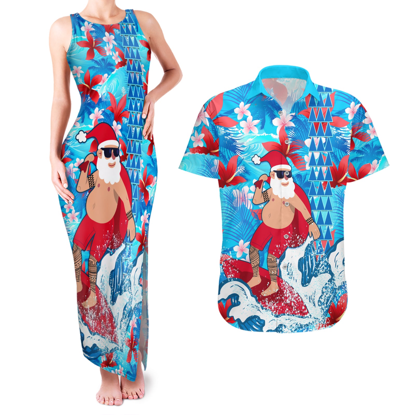 Hawaii Christmas Couples Matching Tank Maxi Dress and Hawaiian Shirt Santa Claus Surfing Kakau Tropical Style - Wonder Print Shop