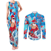 Hawaii Christmas Couples Matching Tank Maxi Dress and Long Sleeve Button Shirt Santa Claus Surfing Kakau Tropical Style - Wonder Print Shop