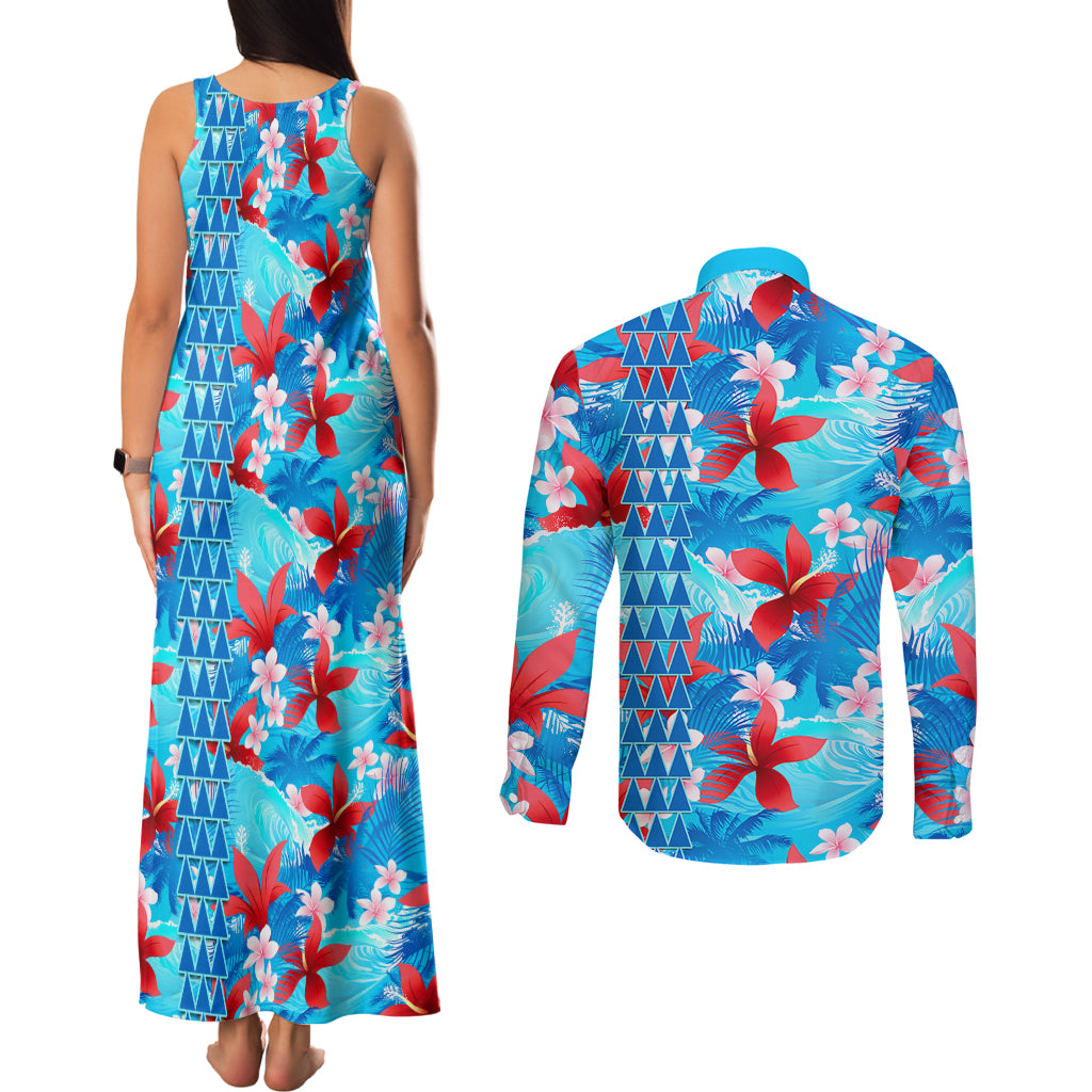 Hawaii Christmas Couples Matching Tank Maxi Dress and Long Sleeve Button Shirt Santa Claus Surfing Kakau Tropical Style - Wonder Print Shop