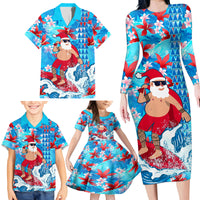 Hawaii Christmas Family Matching Long Sleeve Bodycon Dress and Hawaiian Shirt Santa Claus Surfing Kakau Tropical Style - Wonder Print Shop
