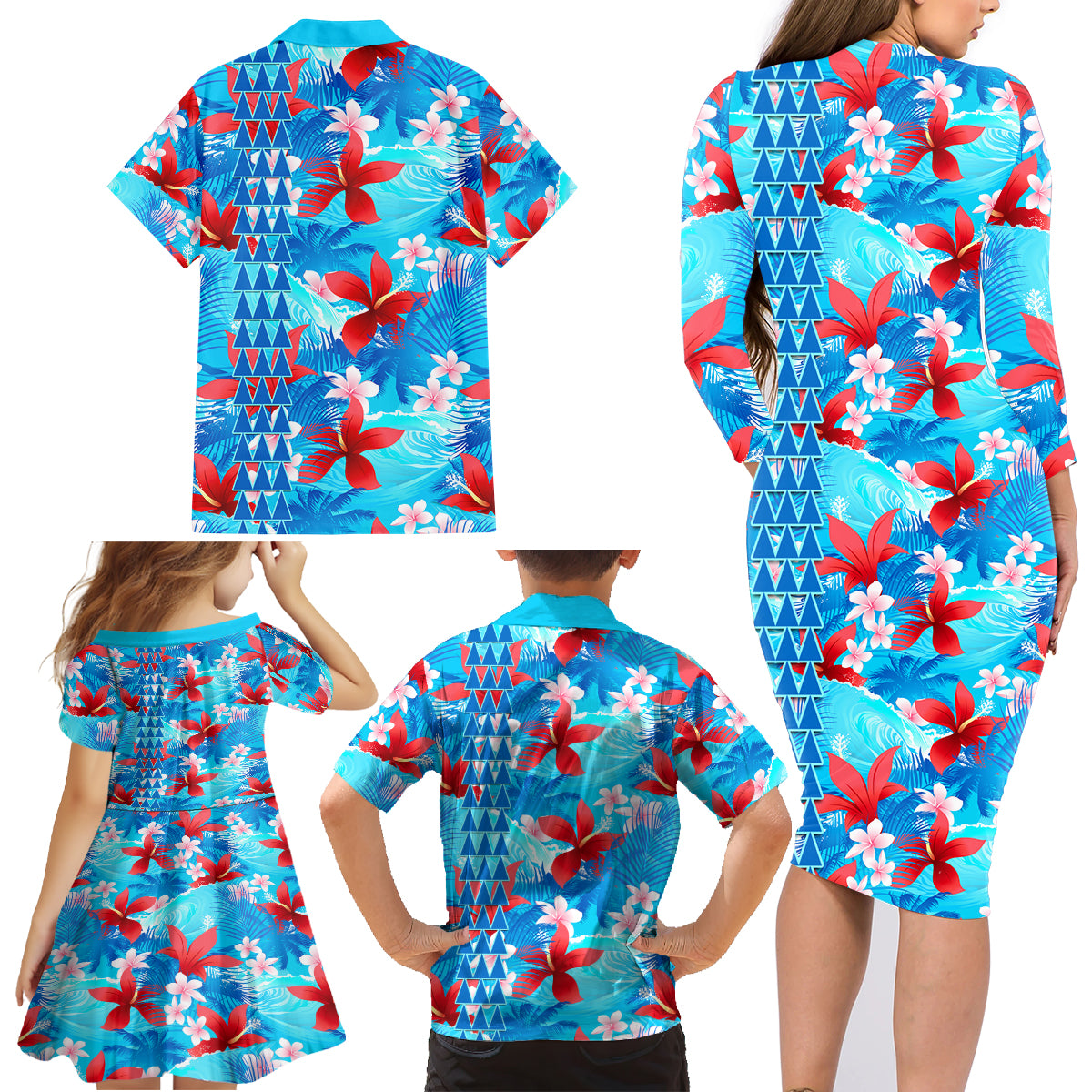 Hawaii Christmas Family Matching Long Sleeve Bodycon Dress and Hawaiian Shirt Santa Claus Surfing Kakau Tropical Style - Wonder Print Shop