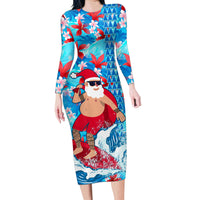Hawaii Christmas Family Matching Long Sleeve Bodycon Dress and Hawaiian Shirt Santa Claus Surfing Kakau Tropical Style - Wonder Print Shop