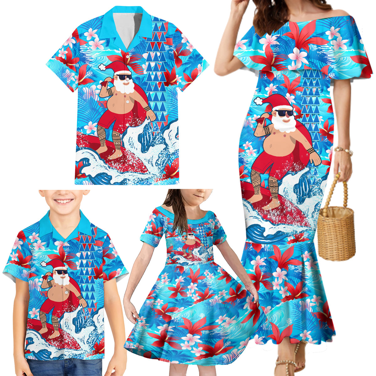 Hawaii Christmas Family Matching Mermaid Dress and Hawaiian Shirt Santa Claus Surfing Kakau Tropical Style - Wonder Print Shop