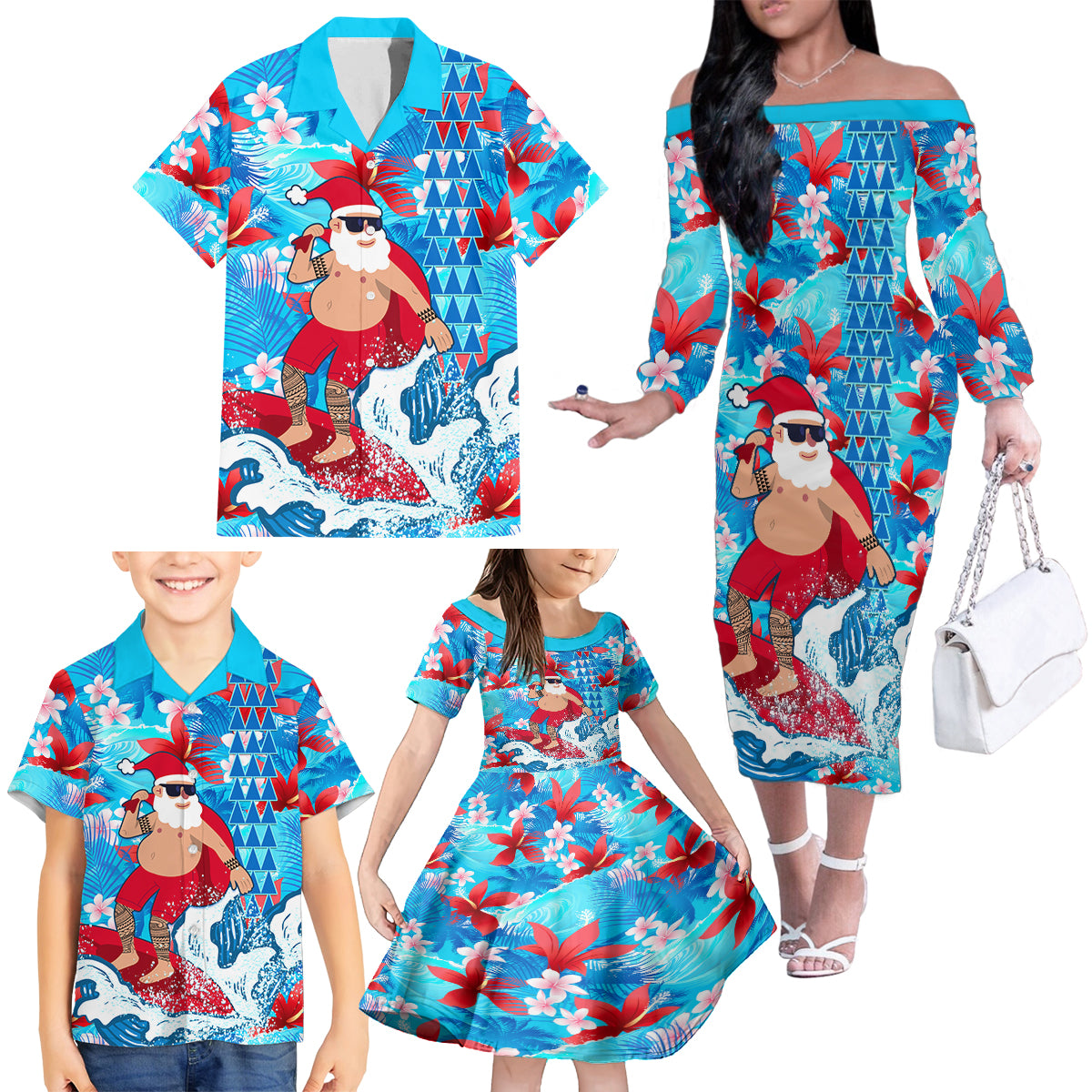 Hawaii Christmas Family Matching Off Shoulder Long Sleeve Dress and Hawaiian Shirt Santa Claus Surfing Kakau Tropical Style - Wonder Print Shop