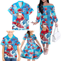 Hawaii Christmas Family Matching Off Shoulder Long Sleeve Dress and Hawaiian Shirt Santa Claus Surfing Kakau Tropical Style - Wonder Print Shop