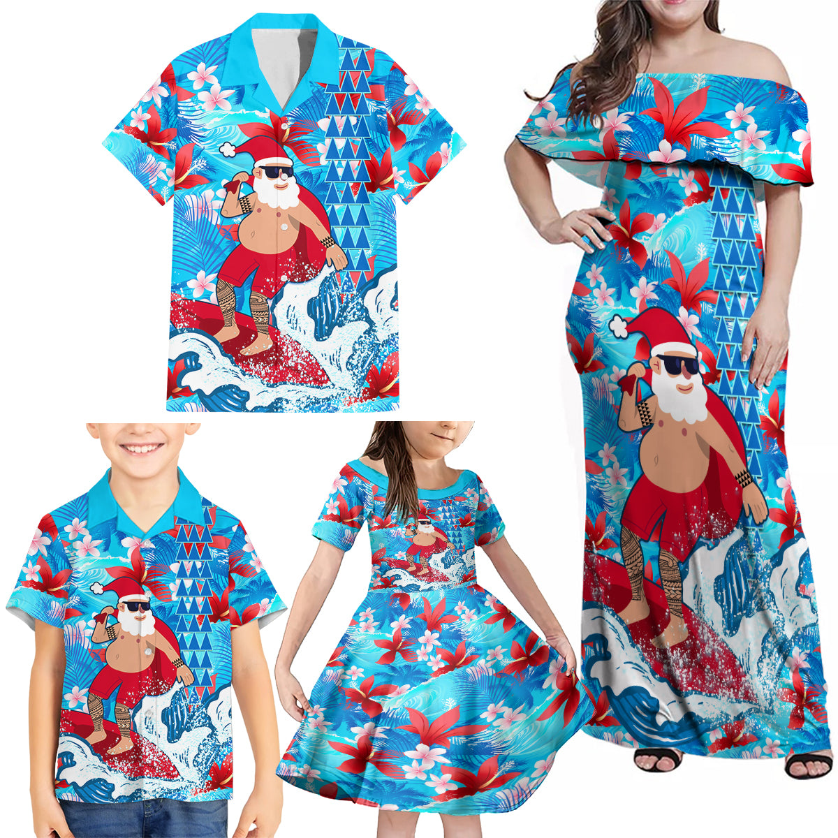 Hawaii Christmas Family Matching Off Shoulder Maxi Dress and Hawaiian Shirt Santa Claus Surfing Kakau Tropical Style - Wonder Print Shop