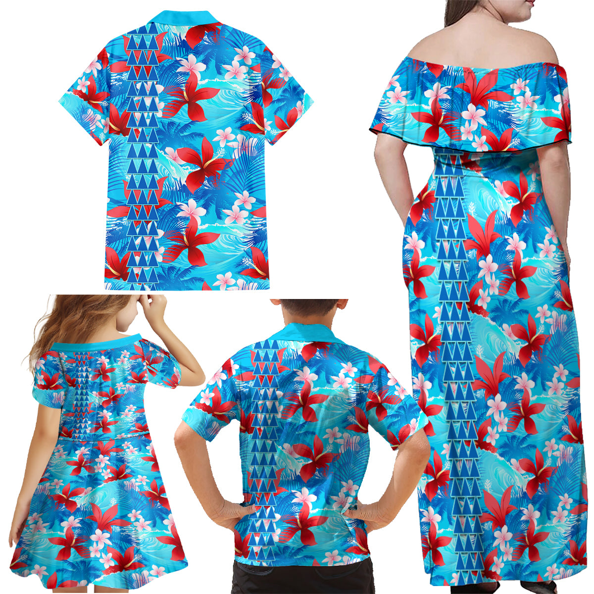 Hawaii Christmas Family Matching Off Shoulder Maxi Dress and Hawaiian Shirt Santa Claus Surfing Kakau Tropical Style - Wonder Print Shop