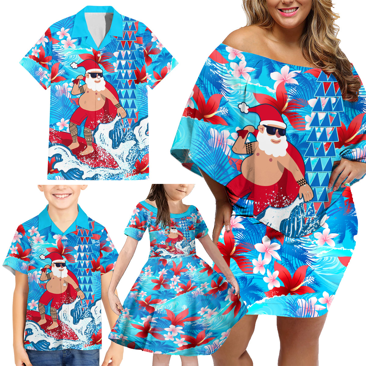 Hawaii Christmas Family Matching Off Shoulder Short Dress and Hawaiian Shirt Santa Claus Surfing Kakau Tropical Style - Wonder Print Shop