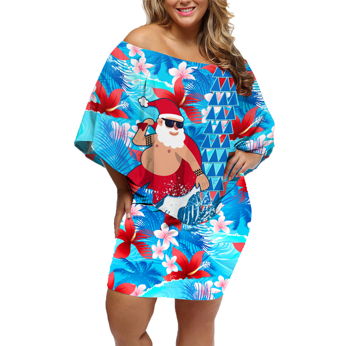 Hawaii Christmas Family Matching Off Shoulder Short Dress and Hawaiian Shirt Santa Claus Surfing Kakau Tropical Style - Wonder Print Shop