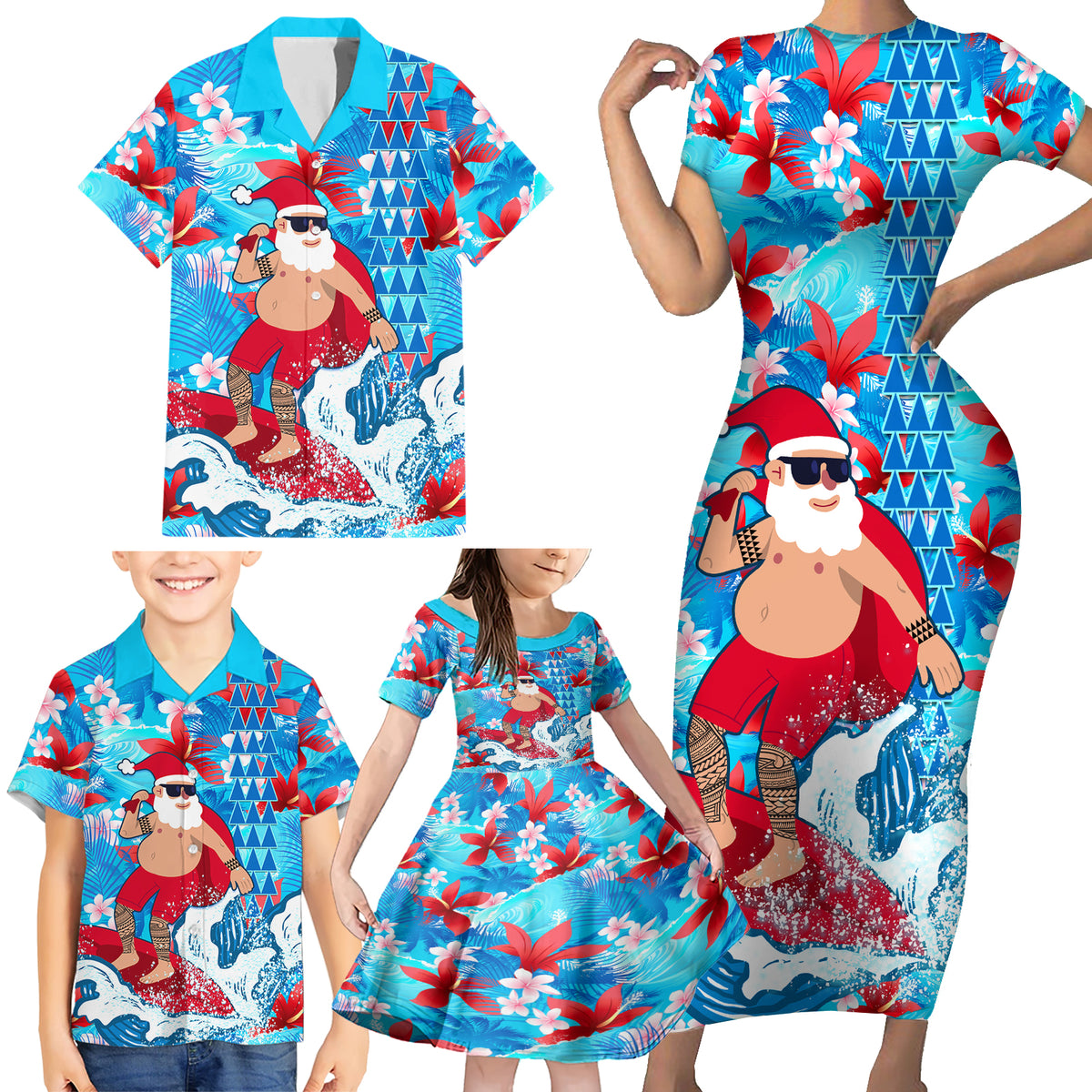 Hawaii Christmas Family Matching Short Sleeve Bodycon Dress and Hawaiian Shirt Santa Claus Surfing Kakau Tropical Style - Wonder Print Shop