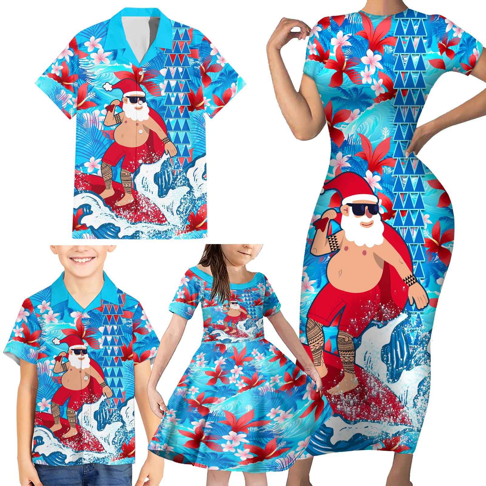 Hawaii Christmas Family Matching Short Sleeve Bodycon Dress and Hawaiian Shirt Santa Claus Surfing Kakau Tropical Style - Wonder Print Shop