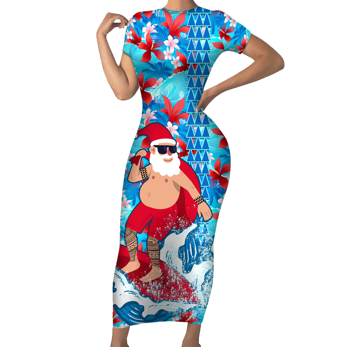 Hawaii Christmas Family Matching Short Sleeve Bodycon Dress and Hawaiian Shirt Santa Claus Surfing Kakau Tropical Style - Wonder Print Shop