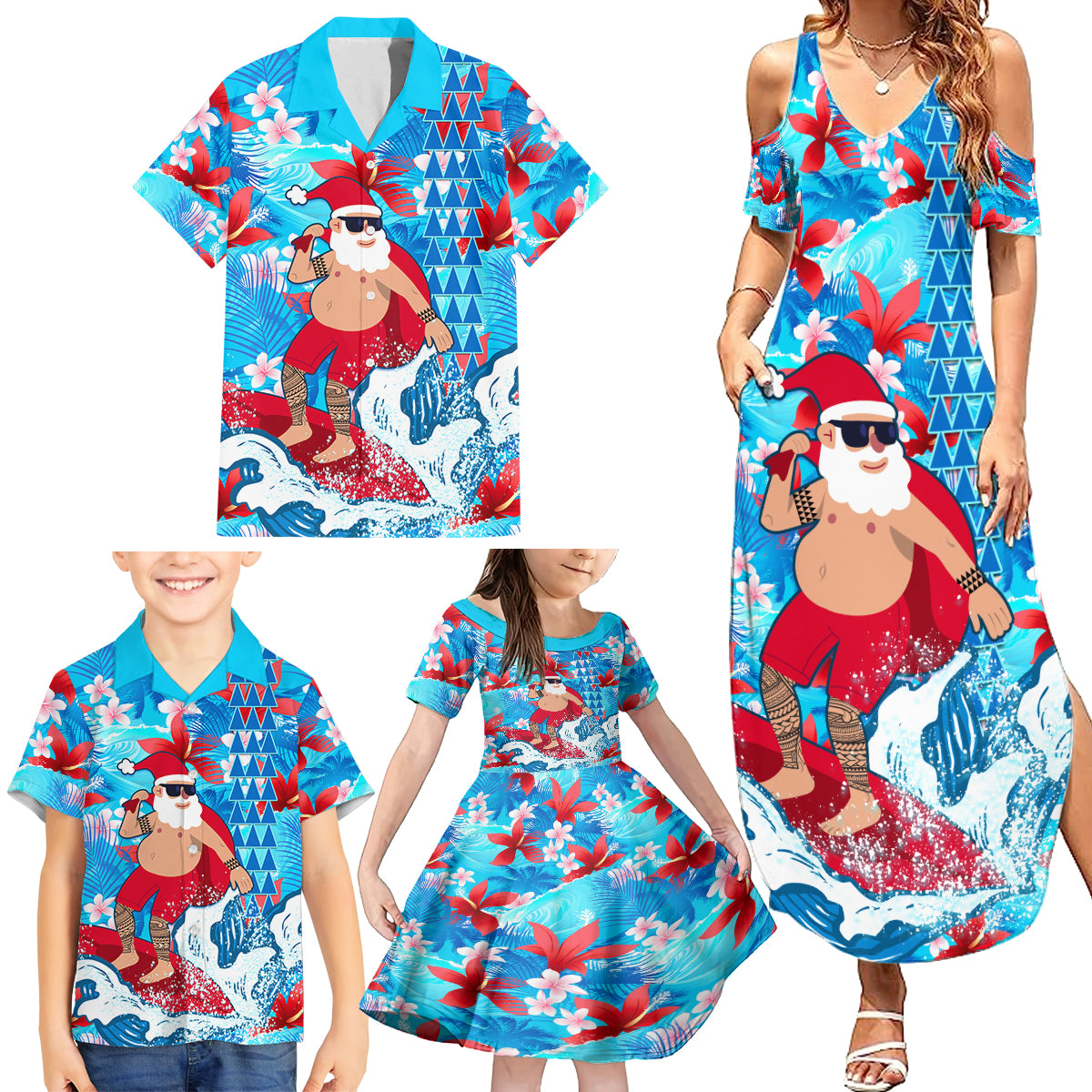 Hawaii Christmas Family Matching Summer Maxi Dress and Hawaiian Shirt Santa Claus Surfing Kakau Tropical Style - Wonder Print Shop