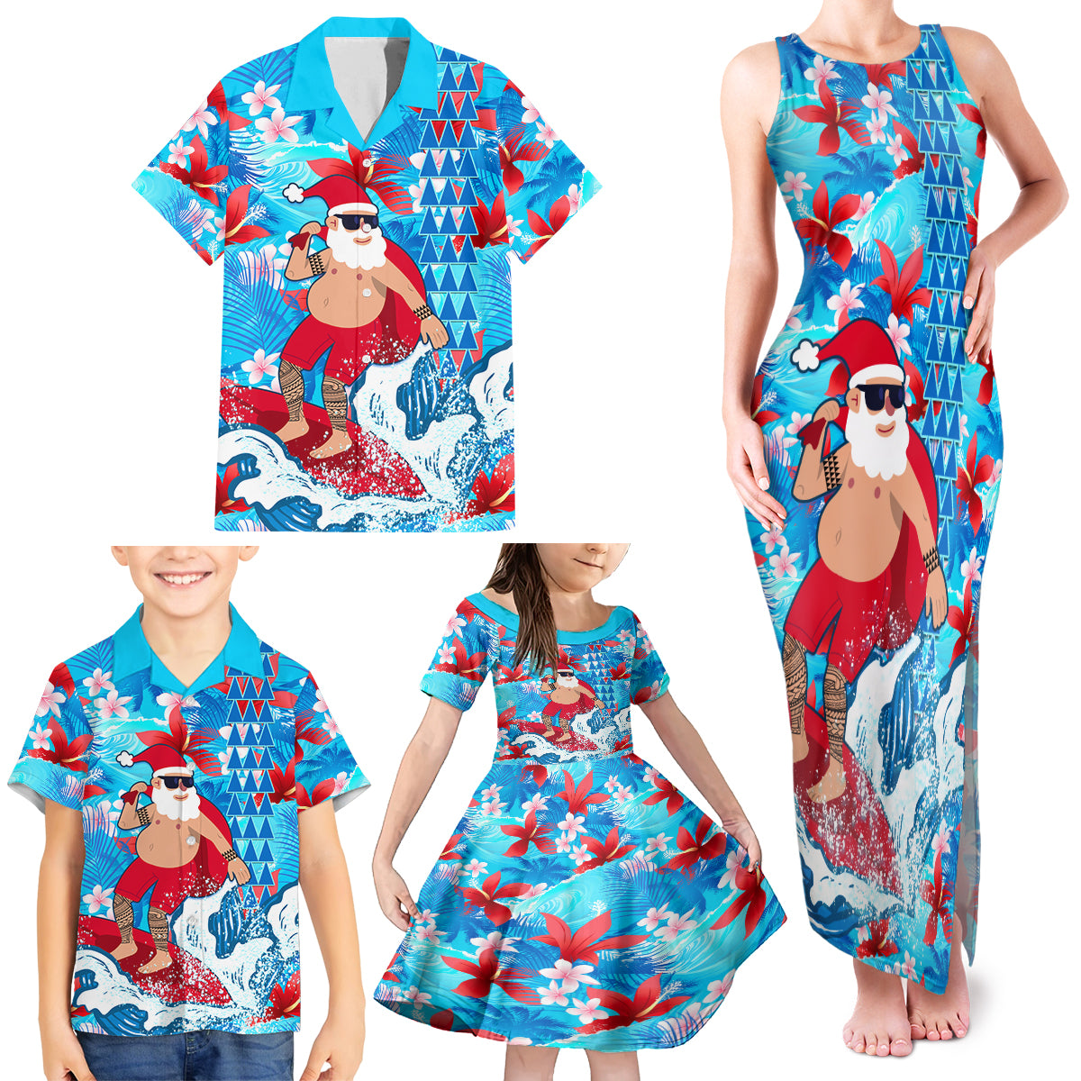 Hawaii Christmas Family Matching Tank Maxi Dress and Hawaiian Shirt Santa Claus Surfing Kakau Tropical Style - Wonder Print Shop