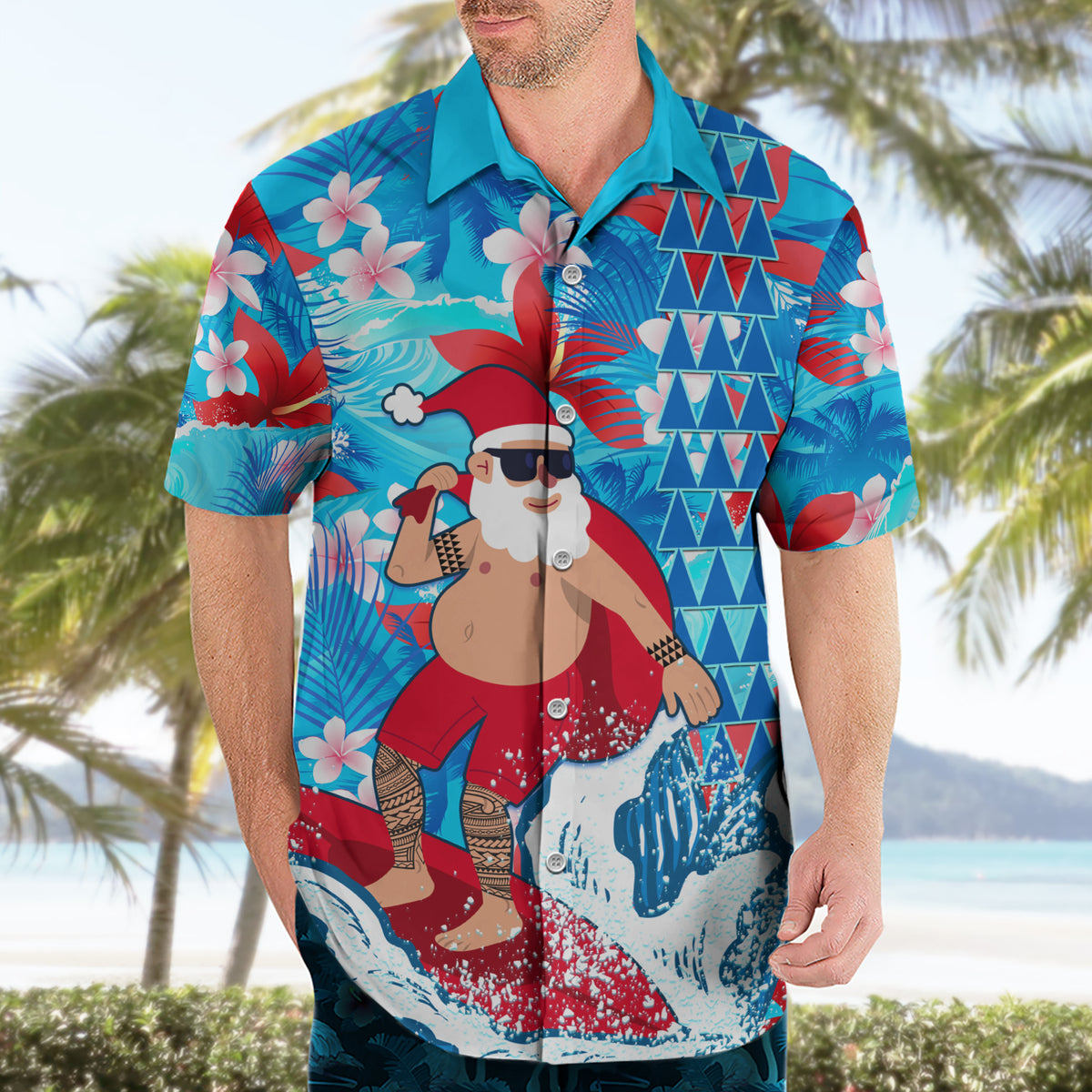Hawaii Christmas Hawaiian Shirt Santa Claus Surfing Kakau Tropical Style - Wonder Print Shop