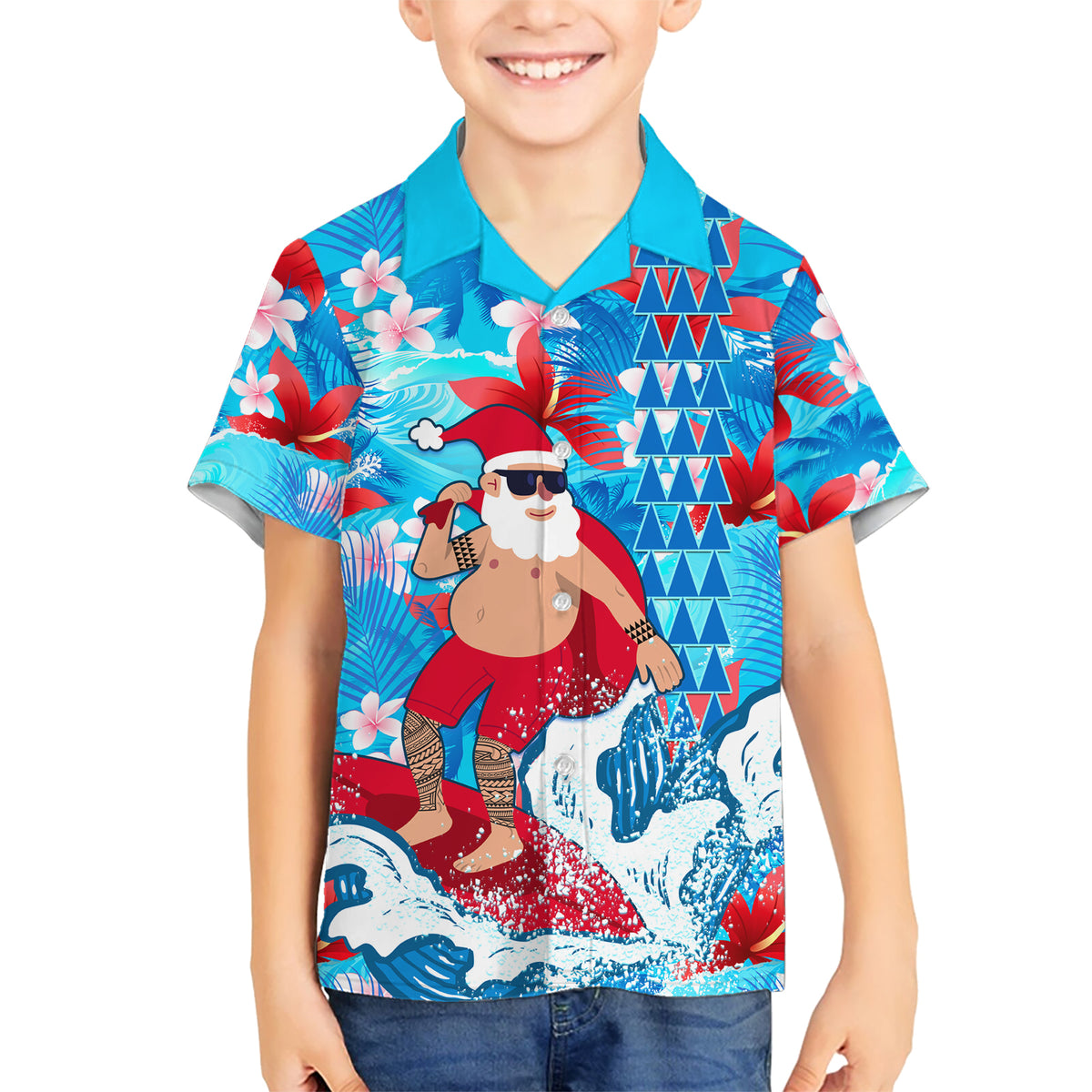 Hawaii Christmas Kid Hawaiian Shirt Santa Claus Surfing Kakau Tropical Style - Wonder Print Shop