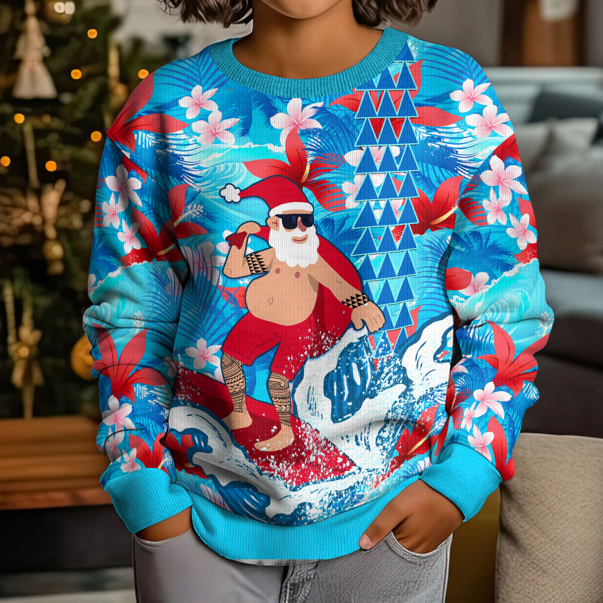Hawaii Christmas Kid Ugly Christmas Sweater Santa Claus Surfing Kakau Tropical Style - Wonder Print Shop