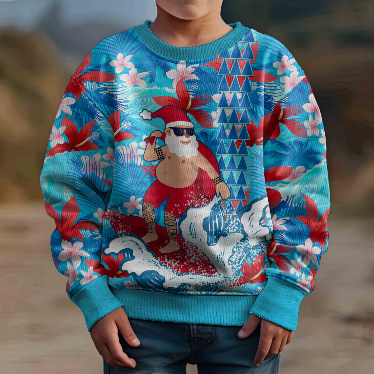 Hawaii Christmas Kid Ugly Christmas Sweater Santa Claus Surfing Kakau Tropical Style - Wonder Print Shop