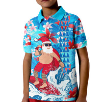 Hawaii Christmas Kid Polo Shirt Santa Claus Surfing Kakau Tropical Style - Wonder Print Shop