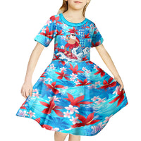 Hawaii Christmas Kid Short Sleeve Dress Santa Claus Surfing Kakau Tropical Style - Wonder Print Shop