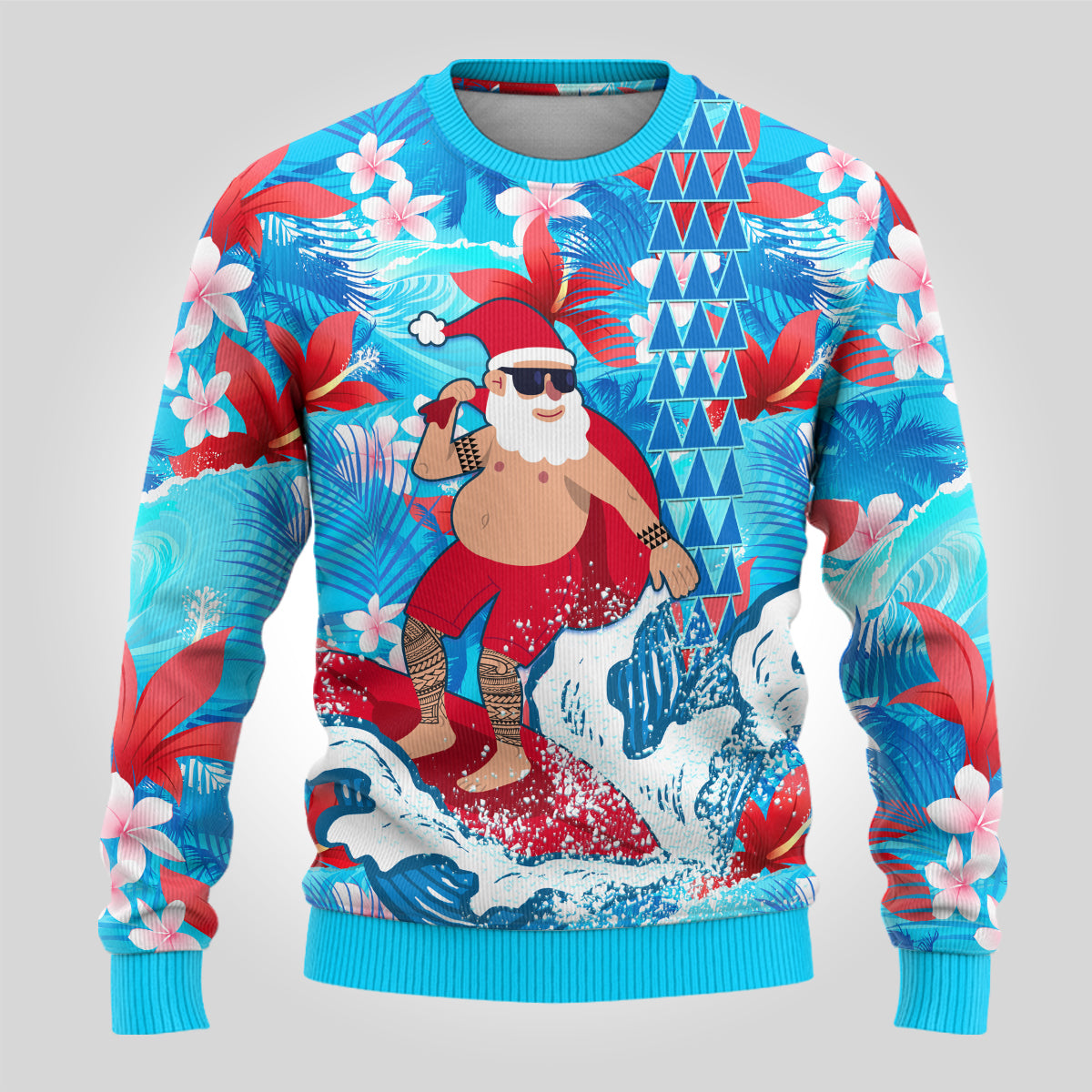 Hawaii Christmas Ugly Christmas Sweater Santa Claus Surfing Kakau Tropical Style - Wonder Print Shop
