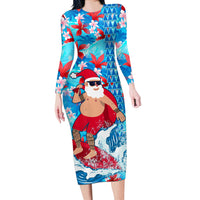 Hawaii Christmas Long Sleeve Bodycon Dress Santa Claus Surfing Kakau Tropical Style - Wonder Print Shop