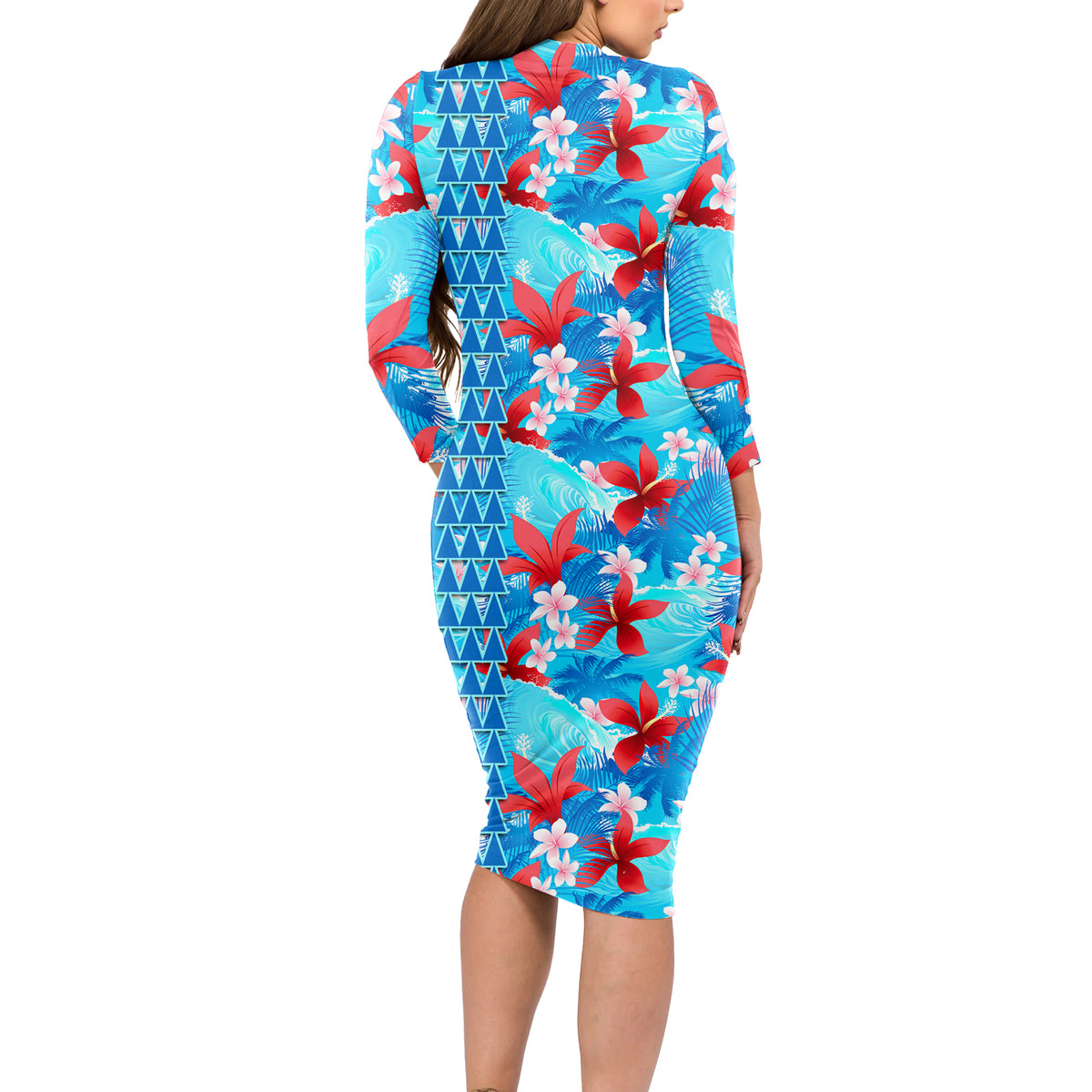 Hawaii Christmas Long Sleeve Bodycon Dress Santa Claus Surfing Kakau Tropical Style - Wonder Print Shop