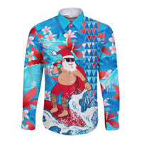 Hawaii Christmas Long Sleeve Button Shirt Santa Claus Surfing Kakau Tropical Style - Wonder Print Shop