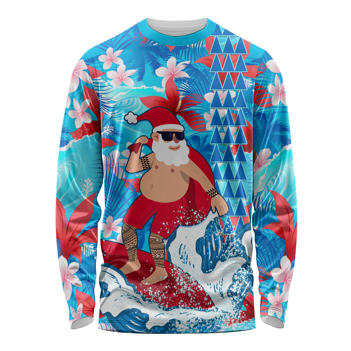 Hawaii Christmas Long Sleeve Shirt Santa Claus Surfing Kakau Tropical Style - Wonder Print Shop