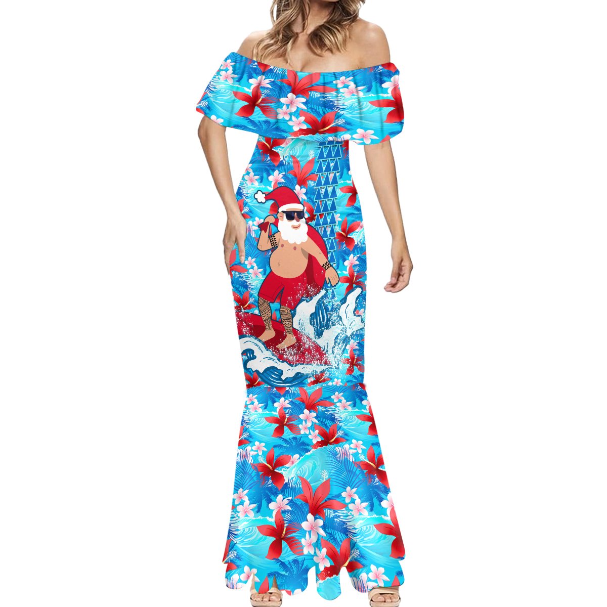 Hawaii Christmas Mermaid Dress Santa Claus Surfing Kakau Tropical Style - Wonder Print Shop