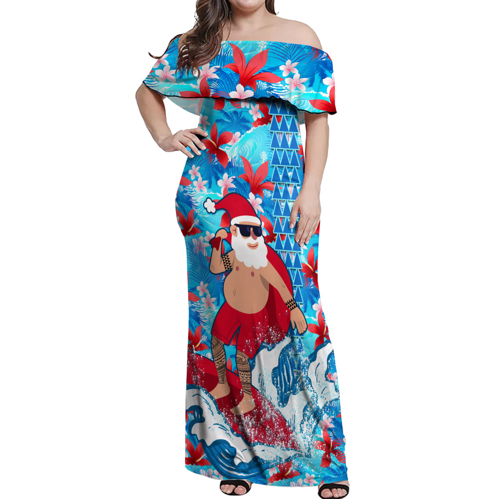 Hawaii Christmas Off Shoulder Maxi Dress Santa Claus Surfing Kakau Tropical Style - Wonder Print Shop