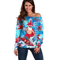 Hawaii Christmas Off Shoulder Sweater Santa Claus Surfing Kakau Tropical Style - Wonder Print Shop