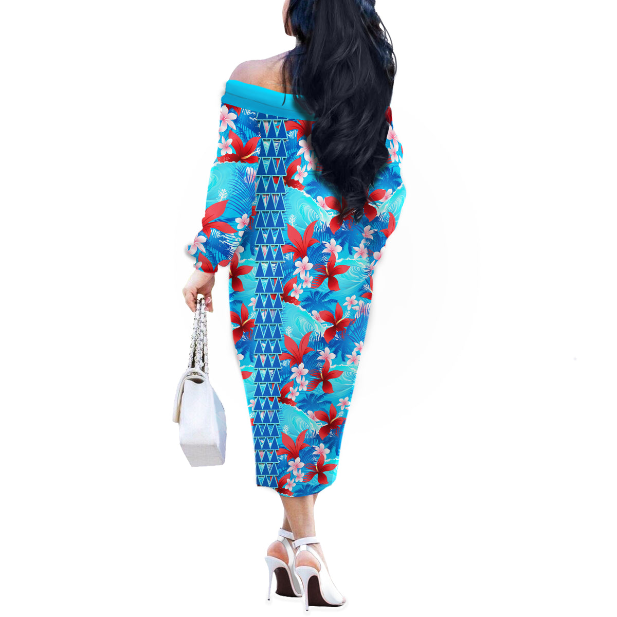Hawaii Christmas Off The Shoulder Long Sleeve Dress Santa Claus Surfing Kakau Tropical Style - Wonder Print Shop