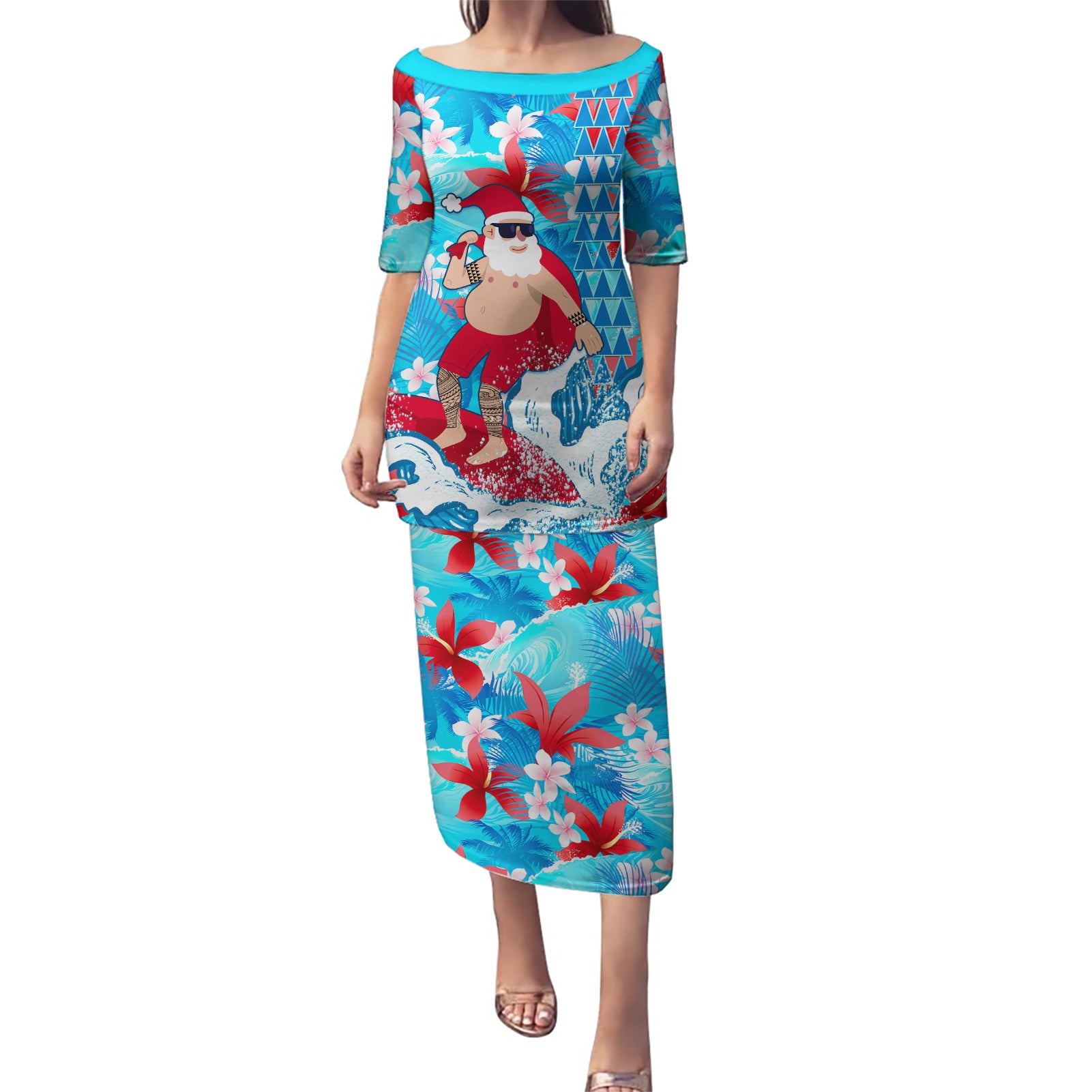 Hawaii Christmas Puletasi Santa Claus Surfing Kakau Tropical Style - Wonder Print Shop
