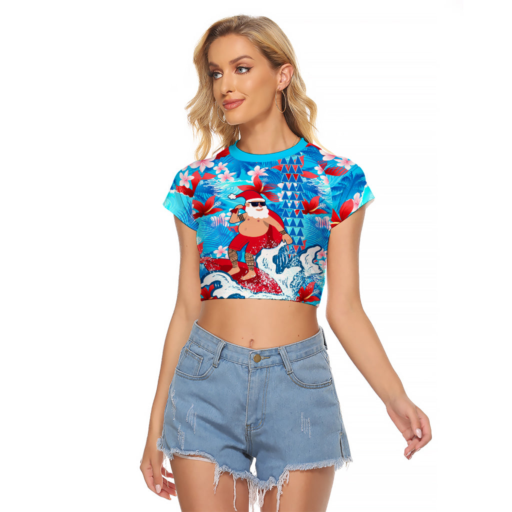 Hawaii Christmas Raglan Cropped T Shirt Santa Claus Surfing Kakau Tropical Style - Wonder Print Shop