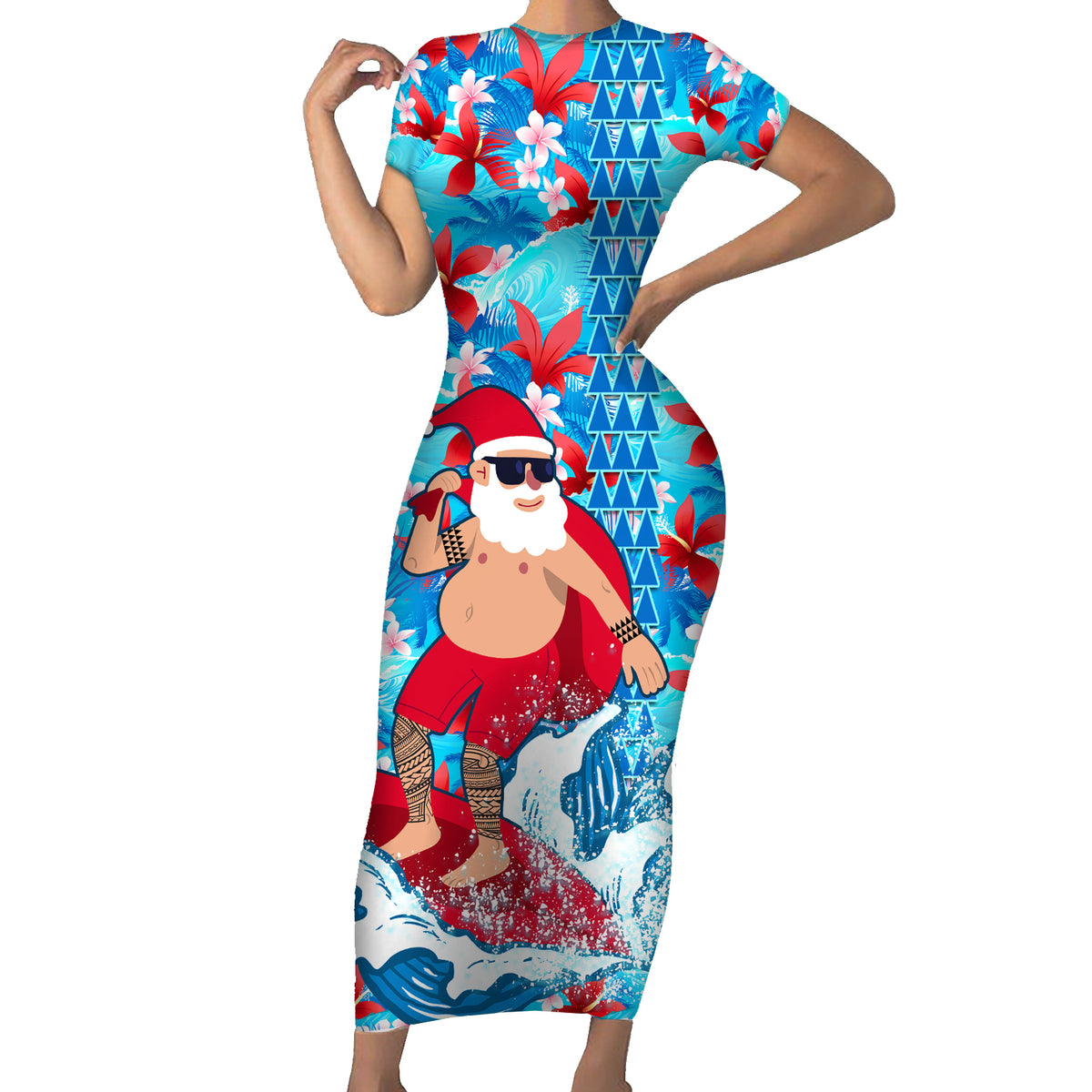 Hawaii Christmas Short Sleeve Bodycon Dress Santa Claus Surfing Kakau Tropical Style - Wonder Print Shop