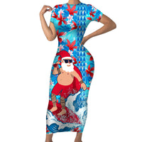 Hawaii Christmas Short Sleeve Bodycon Dress Santa Claus Surfing Kakau Tropical Style - Wonder Print Shop