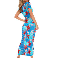 Hawaii Christmas Short Sleeve Bodycon Dress Santa Claus Surfing Kakau Tropical Style - Wonder Print Shop