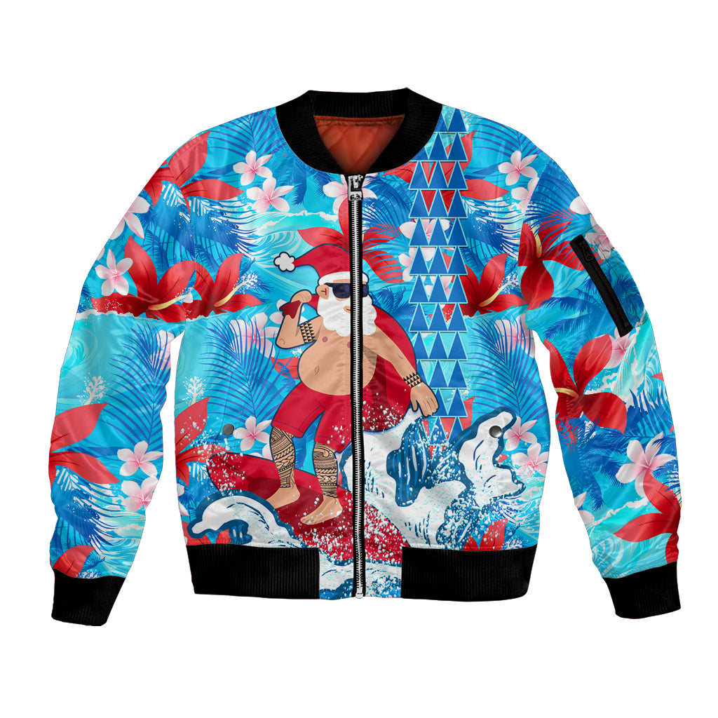 Hawaii Christmas Sleeve Zip Bomber Jacket Santa Claus Surfing Kakau Tropical Style - Wonder Print Shop