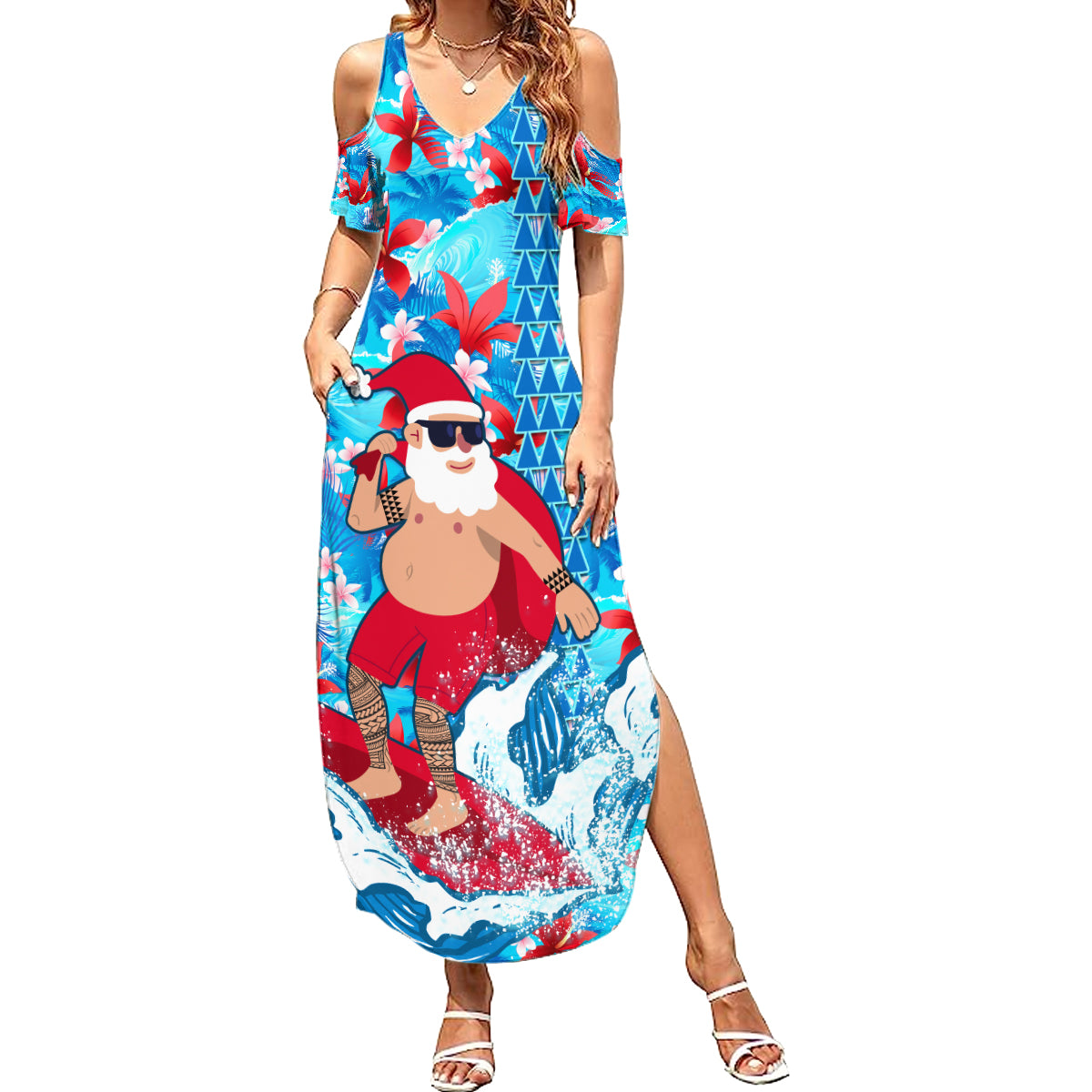 Hawaii Christmas Summer Maxi Dress Santa Claus Surfing Kakau Tropical Style - Wonder Print Shop