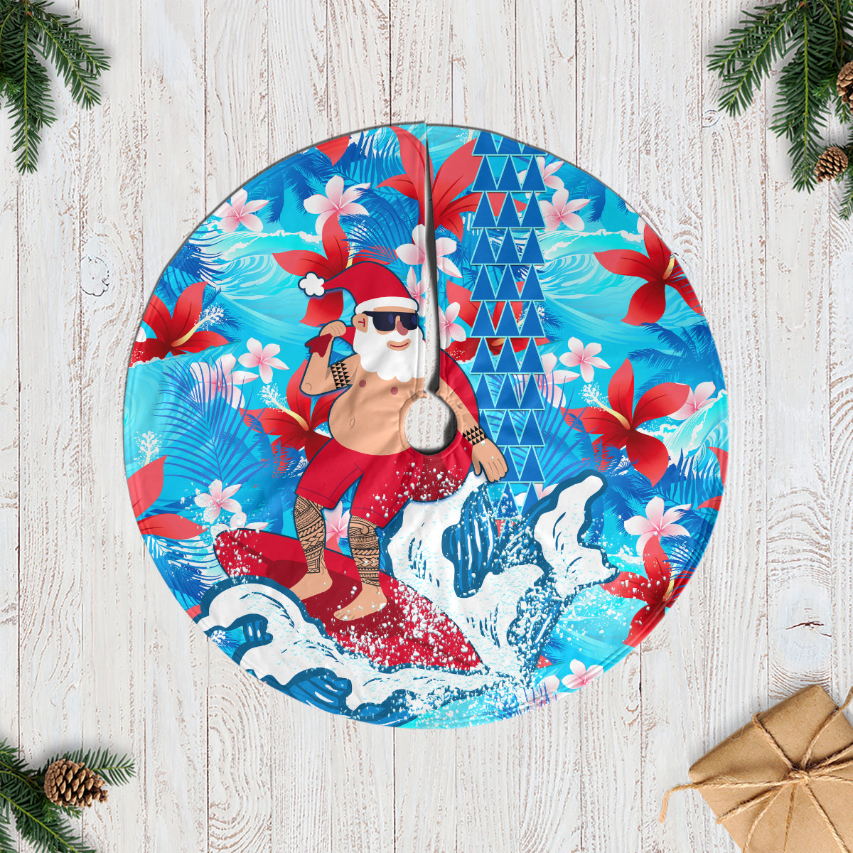 Hawaii Christmas Tree Skirt Santa Claus Surfing Kakau Tropical Style - Wonder Print Shop