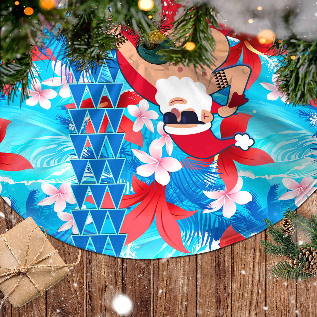 Hawaii Christmas Tree Skirt Santa Claus Surfing Kakau Tropical Style - Wonder Print Shop