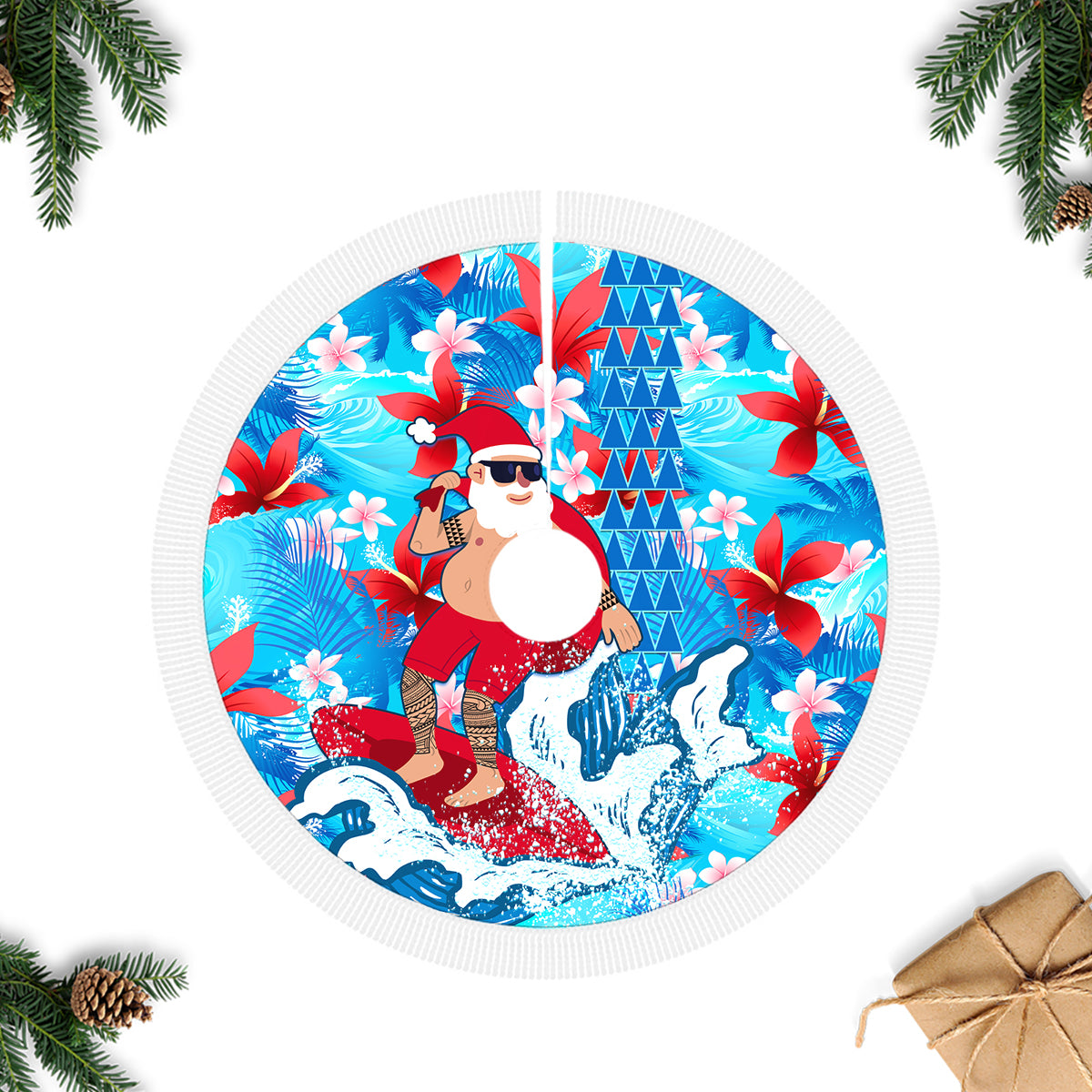 Hawaii Christmas Tree Skirt Santa Claus Surfing Kakau Tropical Style - Wonder Print Shop