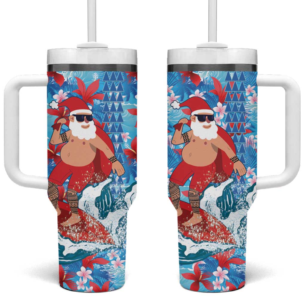 Hawaii Christmas Tumbler With Handle Santa Claus Surfing Kakau Tropical Style - Wonder Print Shop