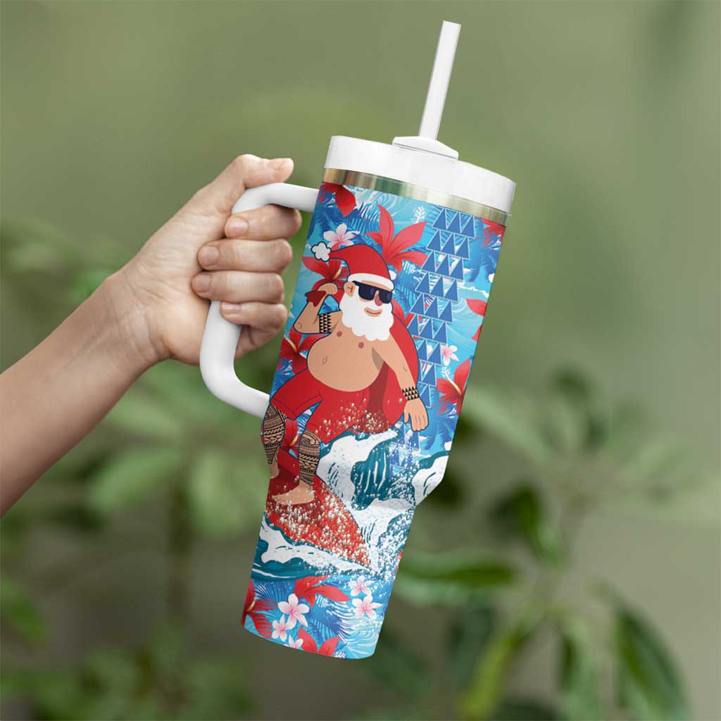 Hawaii Christmas Tumbler With Handle Santa Claus Surfing Kakau Tropical Style - Wonder Print Shop
