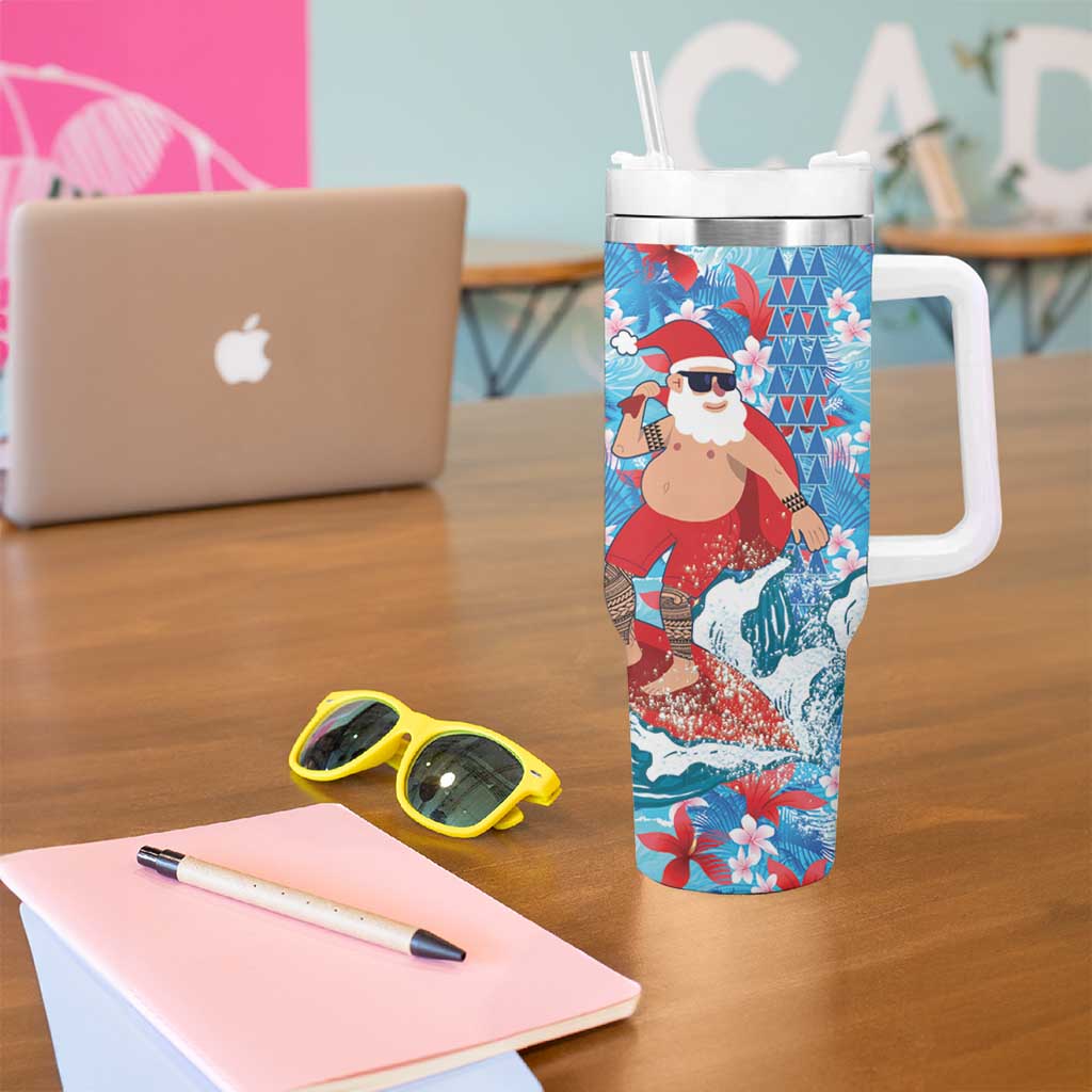 Hawaii Christmas Tumbler With Handle Santa Claus Surfing Kakau Tropical Style - Wonder Print Shop