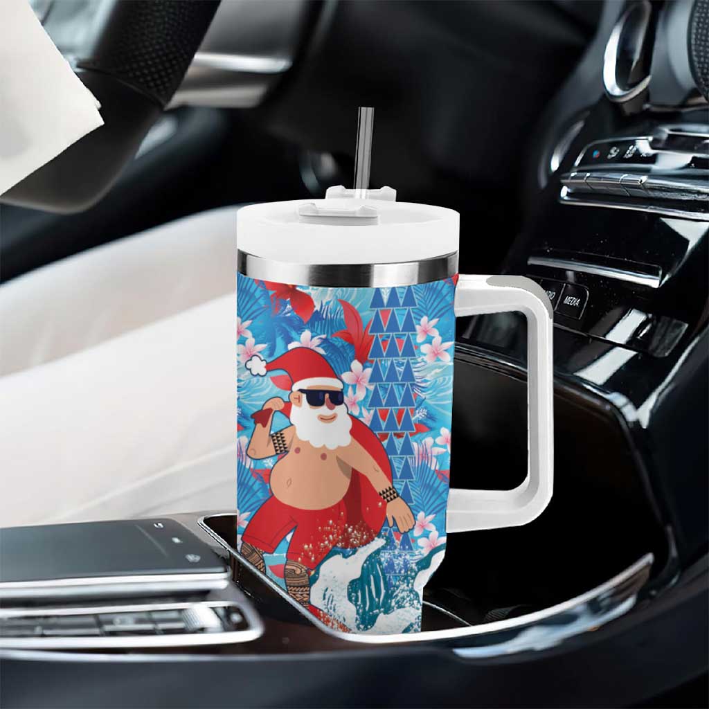 Hawaii Christmas Tumbler With Handle Santa Claus Surfing Kakau Tropical Style - Wonder Print Shop