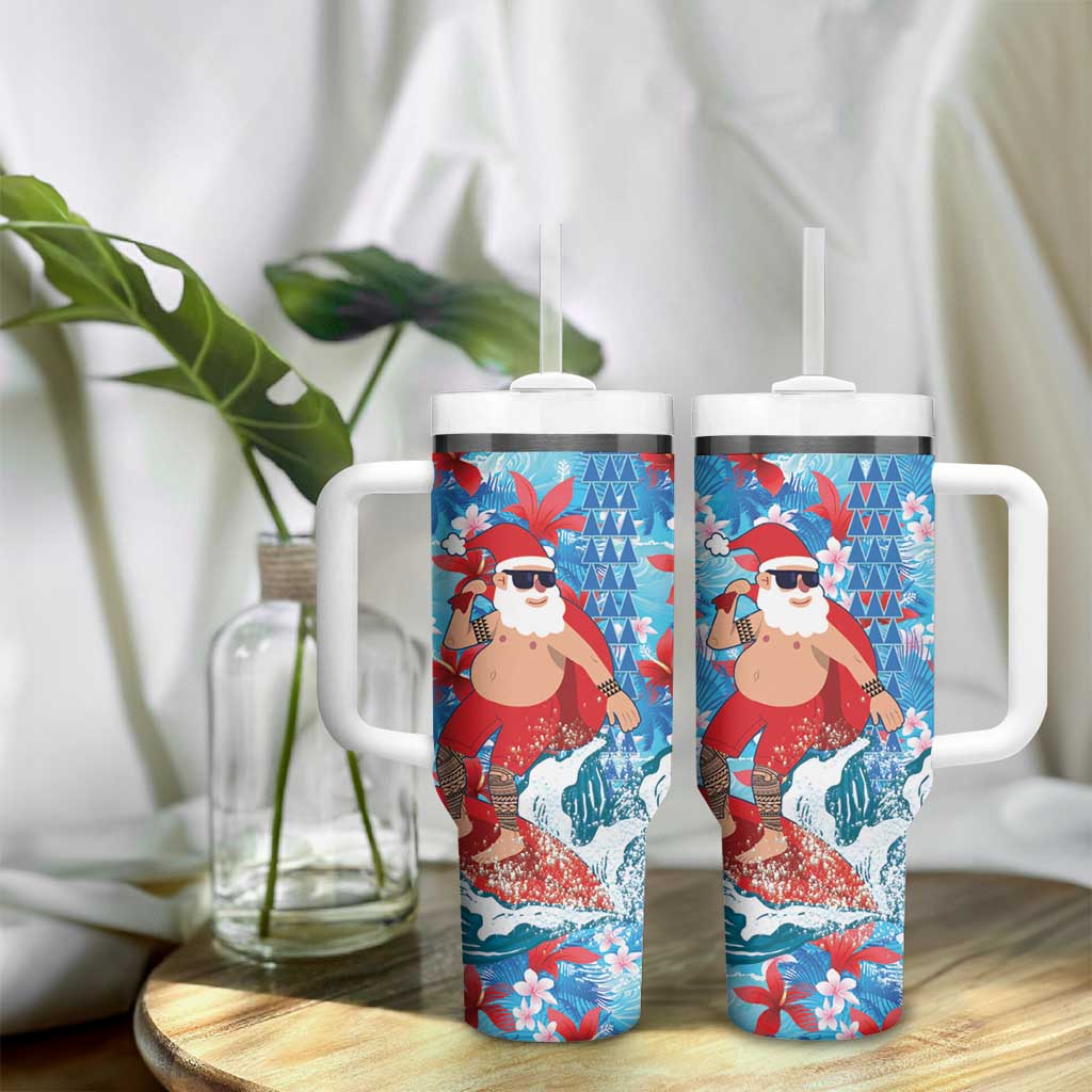 Hawaii Christmas Tumbler With Handle Santa Claus Surfing Kakau Tropical Style - Wonder Print Shop