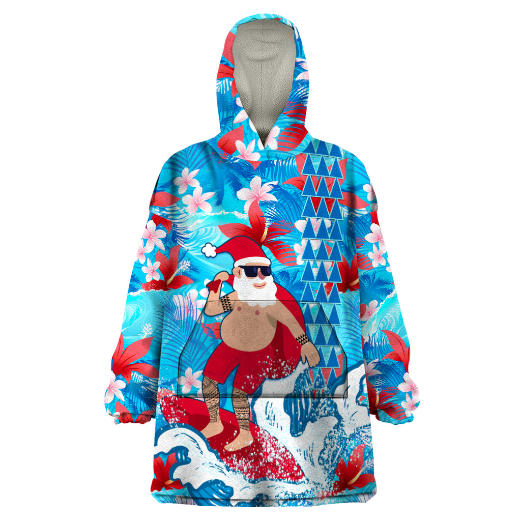 Hawaii Christmas Wearable Blanket Hoodie Santa Claus Surfing Kakau Tropical Style - Wonder Print Shop