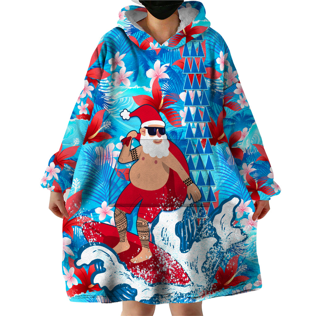 Hawaii Christmas Wearable Blanket Hoodie Santa Claus Surfing Kakau Tropical Style - Wonder Print Shop